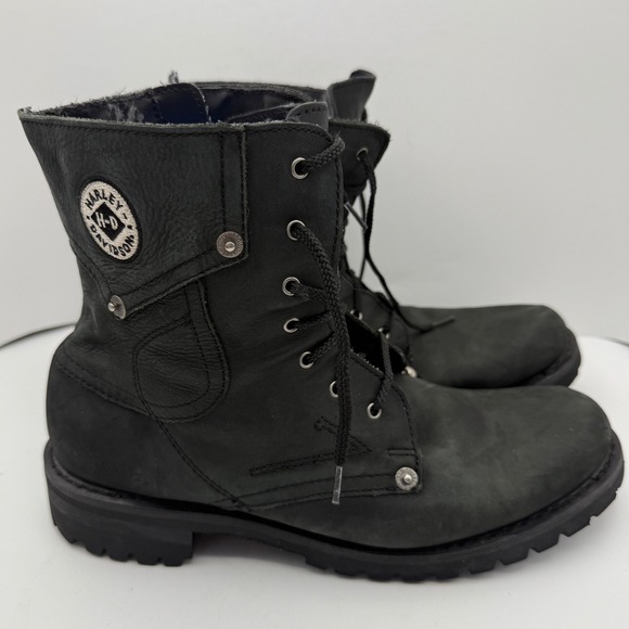 Harley Davidson Womens 10 Black Leather Lace Up Side Zip Motorcycle Boots Riding - Picture 3 of 10